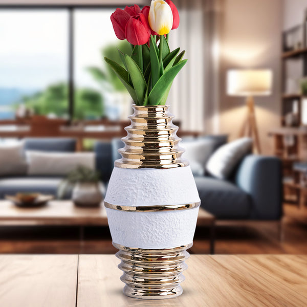 White Ceramic Tulip Vase, Golden Rims, 11" Modern Table Desk Shelf Centerpiece Decor, Unique Gifts by Sona Casa