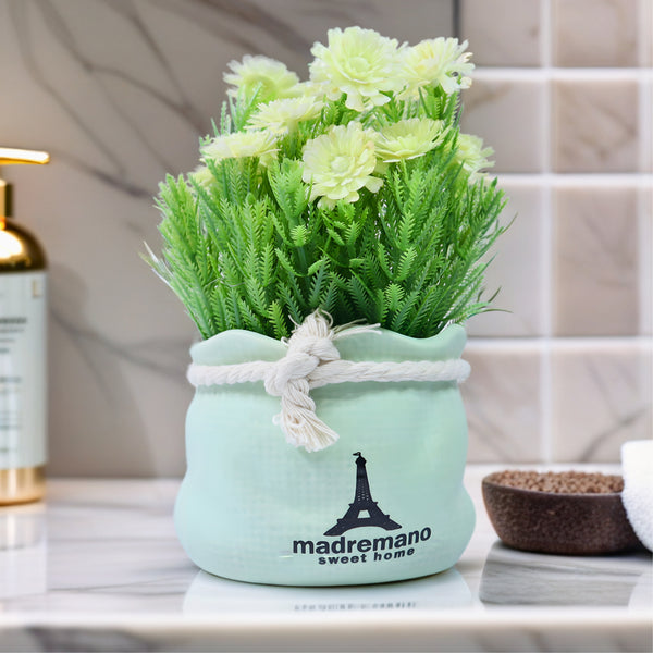 Small Flower Vase with Faux Flowers Tabletop Centerpiece for Home of Office Decor, Green 6 inch 15 cm by Sona Casa