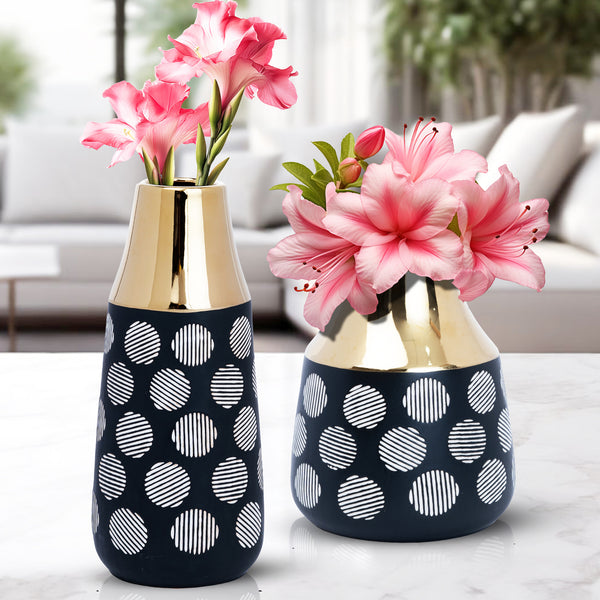 Black Ceramic Tulip Vase, Abstract, Golden Rim, 8" and 13" Table Vase Pair by Sona Casa