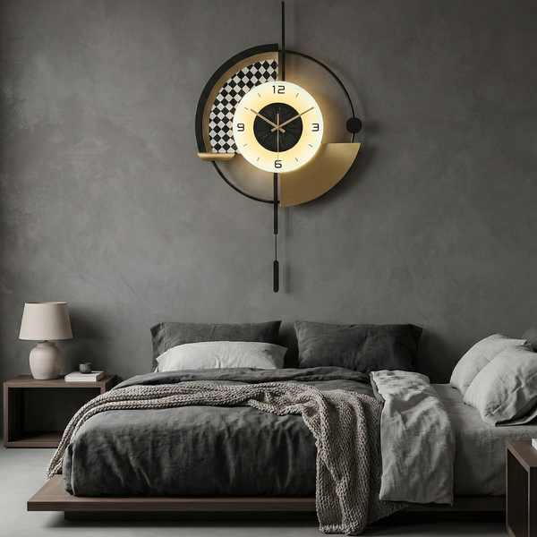 Modern Black and White Wall Clock with LED Light, Unique Geometric Design, Pendulum, Living Room Decor, Gift-Sona Casa