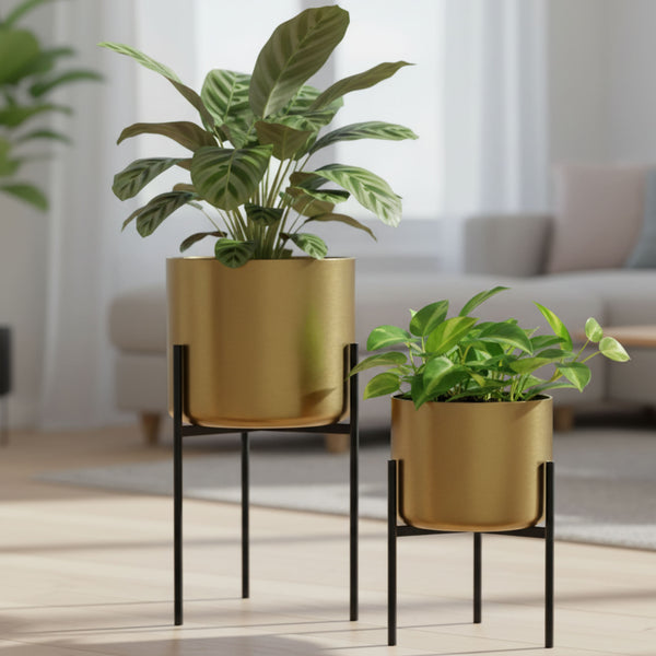 Modern Gold Planters with Black Stand Set, Electroplated Metal for Fresh or Faux Plants, Living Room Patio Decor Gifts-Sona Casa