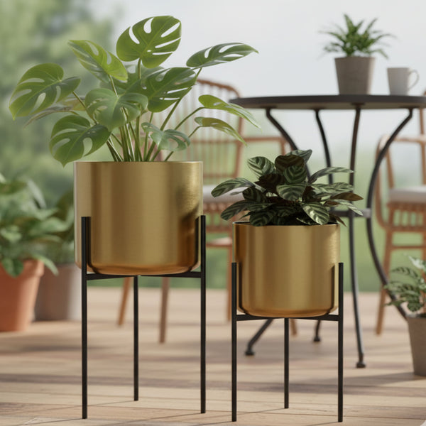 Modern Gold Planters with Black Stand Set, Electroplated Metal for Fresh or Faux Plants, Living Room Patio Decor Gifts-Sona Casa