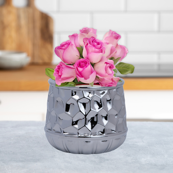 Silver Chrome Ceramic Vase, 5" Geometrical Textured Bud Vase for Fake or Fresh Flowers, Home Decor Accent by Sona Casa