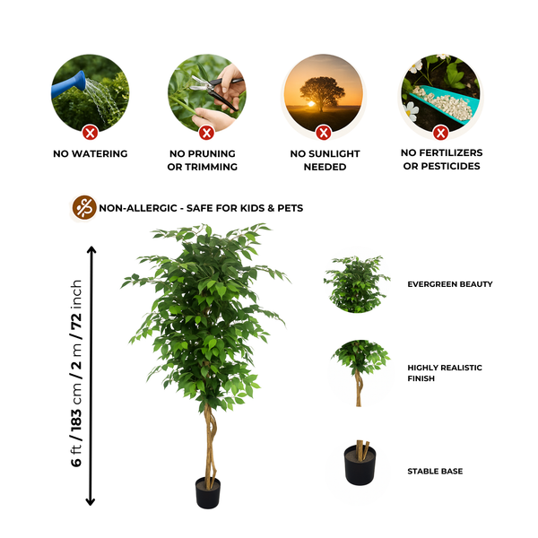Artificial Ficus Tree, Lifelike Leaves Trunk 6 ft Tall Fake Ficus Leaves Plant with Black Cement Base for Indoor Decor-Sona Casa