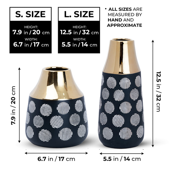 Black Ceramic Tulip Vase, Abstract, Golden Rim, 8" and 13" Table Vase Pair by Sona Casa