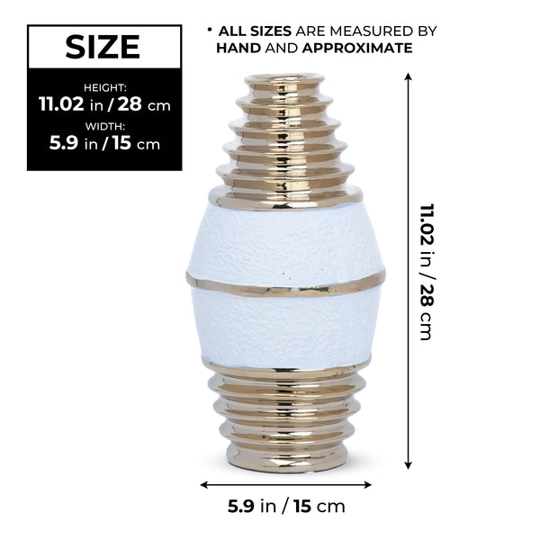 White Ceramic Tulip Vase, Golden Rims, 11" Modern Table Desk Shelf Centerpiece Decor, Unique Gifts by Sona Casa