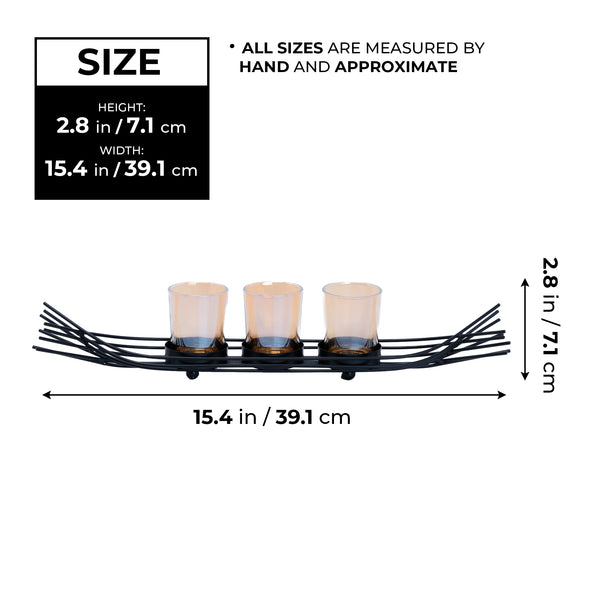 Black Metal Decorative Tealight Candle Holder, 15" Wide, 3 Glass Containers, Modern Abstract Design, Unique Gifts by Sona Casa