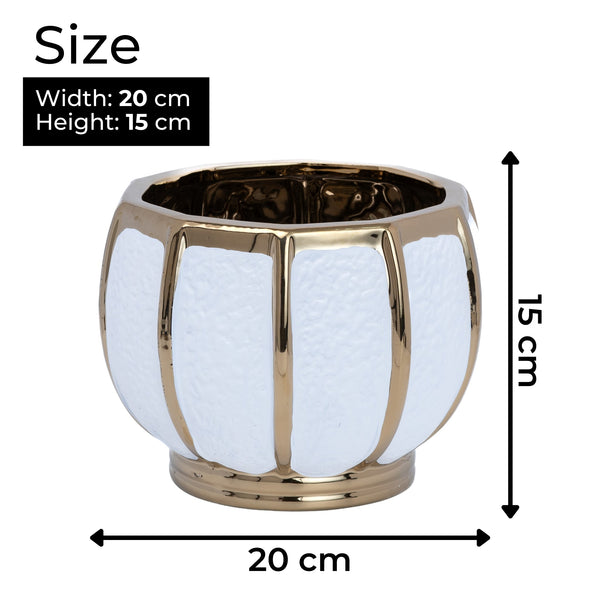 White Ceramic Bowl, Textured Bowl with Golden Stripes, Tabletop Decor Bowl, Fresh Flower Vase for Kitchen Countertop, Dining Table, Bathroom, Entryway, Corridor by Sona Casa