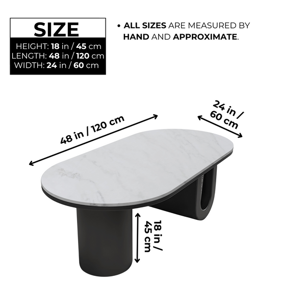 Designer Coffee Table 47" White Marble Top, Metal Blocks Matte Black Base by Sona Casa