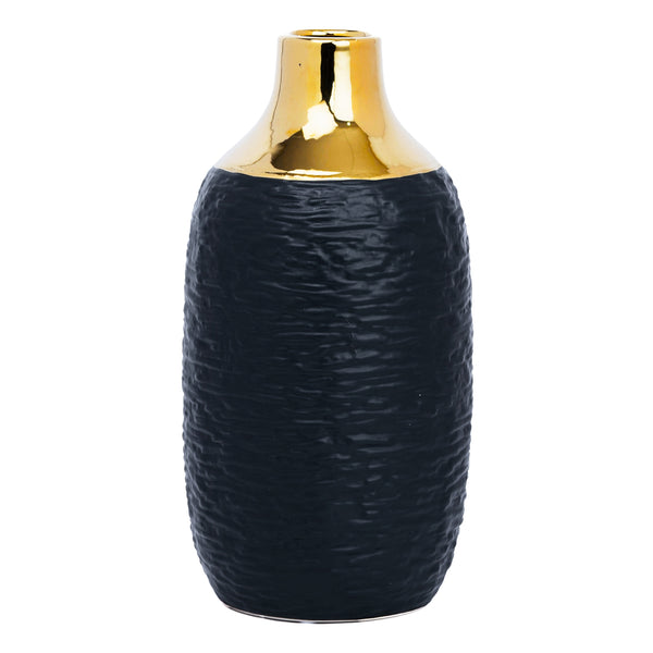 Black Ceramic Minimalist Vase With Golden Rim, 12" Modern Flower Vase by Sona Casa