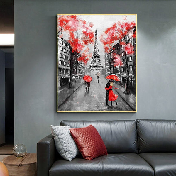 Eiffel Tower Paris Europe Painting, People in the Rain with Red Umbrella Modern Wall Art, Abstract Painting Hand Painted Oil Painting by Sona Casa