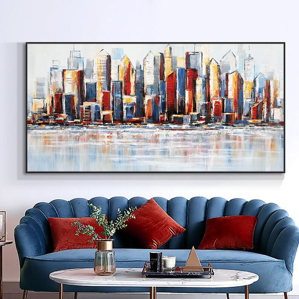 Bold Skyline - Large City Wall Art Skyscrapers 100% Hand Painted Oil Painting On Canvas Modern Wall Art Bedroom Living Room Decor by Sona Casa