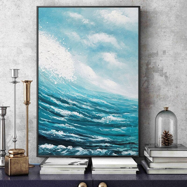 Blue Wall Art - Original Ocean Painting, Abstract Sea Canvas, Minimalist Bedroom Wall Decor, Elegant Gift for New Homeowners by Sona Casa