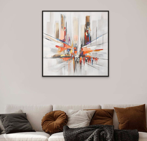 Original Abstract City Painting, Textured Orange Canvas Art Modern Framed Wall Art for Home Decor by Sona Casa