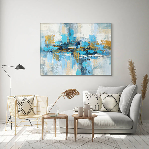 Random Strokes Large Abstract Canvas Painting - Blue and Gold Handmade Art for Living Room Decor, Unique Housewarming Gift by Sona Casa