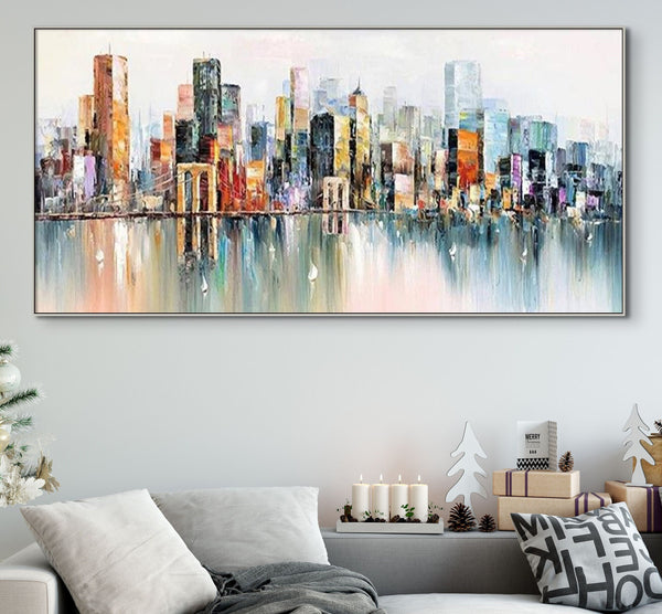 Abstract New York Painting - Handmade Large Canvas Art, Urban Cityscape Oil Painting for Modern Wall Decor, Unique Housewarming Gift by Sona Casa