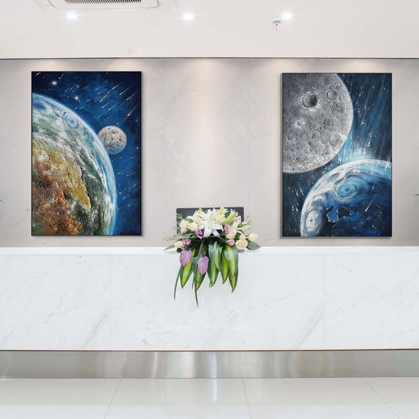 Earth and Moon Painting - Extra Large Textured Canvas Art, Hand-Painted Impasto Space Artwork for Modern Home Decor, Unique Astronomy Gift by Sona Casa
