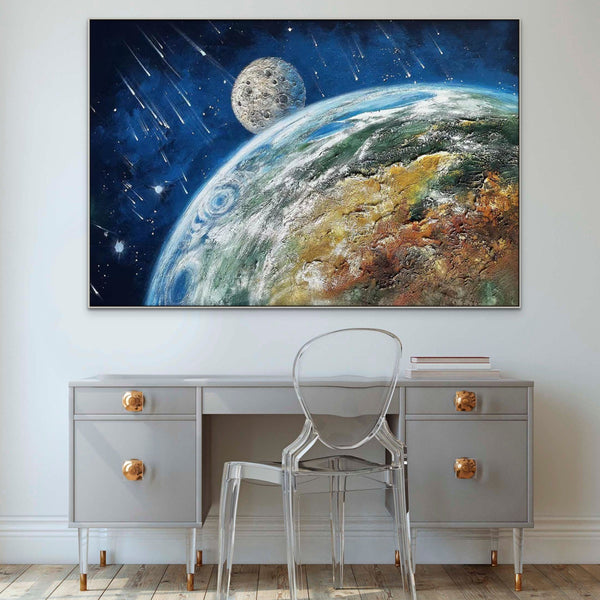 Earth and Moon Painting - Extra Large Textured Canvas Art, Hand-Painted Impasto Space Artwork for Modern Home Decor, Unique Astronomy Gift by Sona Casa