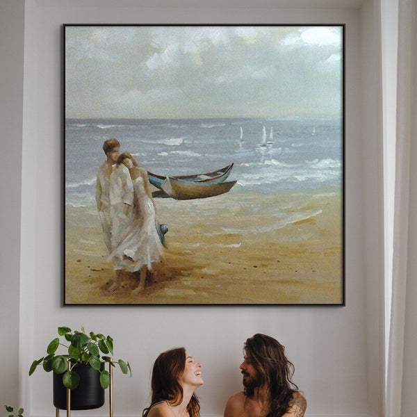 Romantic Couple on Beach, Painting on Canvas, Textured Wall Art, Original Hand Painted Oil Painting on Canvas for Living Room, Bedroom Art by Sona Casa