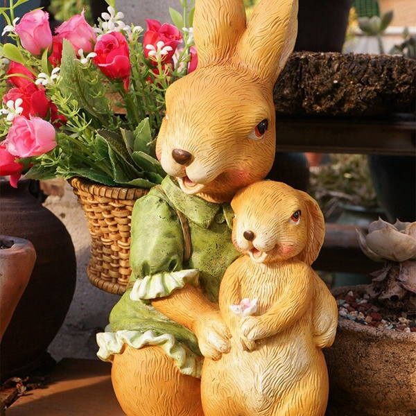 Bunny Family Statue, 15" Outdoor Garden Sculpture, Lawn Patio Decor by Sona Casa