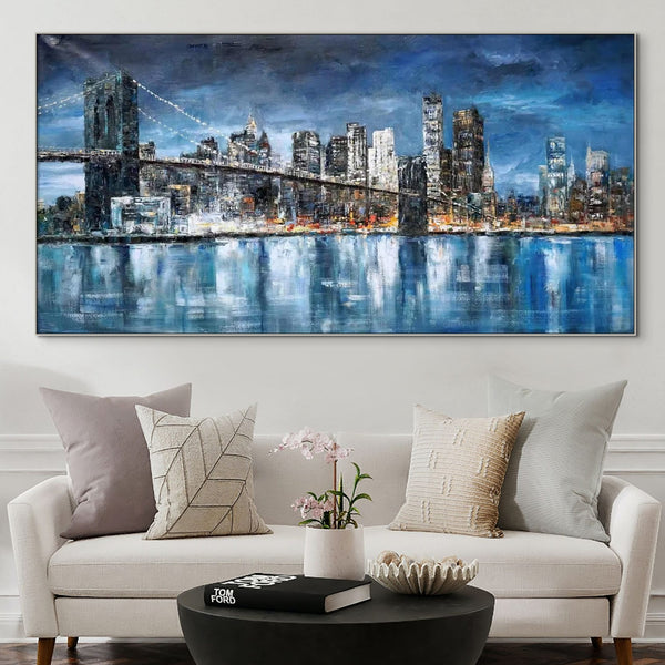 Manhattan, Painting On Canvas, Abstract Painting, New York Painting, Cityscape, Urban Painting, Living Room Wall Art, Blue City Painting by Sona Casa