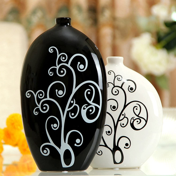 Black and White Oval Vase Set, 10" and 8" Set of 2 Flower Pots by Sona Casa