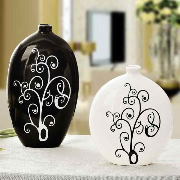 Black and White Oval Vase Set, 10" and 8" Set of 2 Flower Pots by Sona Casa