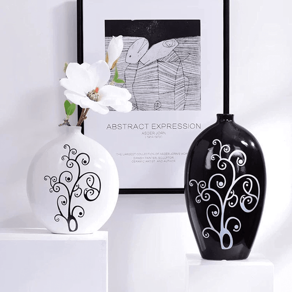 Black and White Oval Vase Set, 10" and 8" Set of 2 Flower Pots by Sona Casa