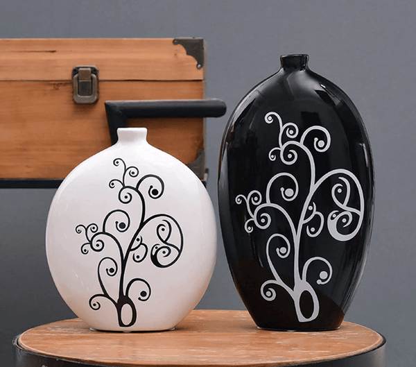 Black and White Oval Vase Set, 10" and 8" Set of 2 Flower Pots by Sona Casa