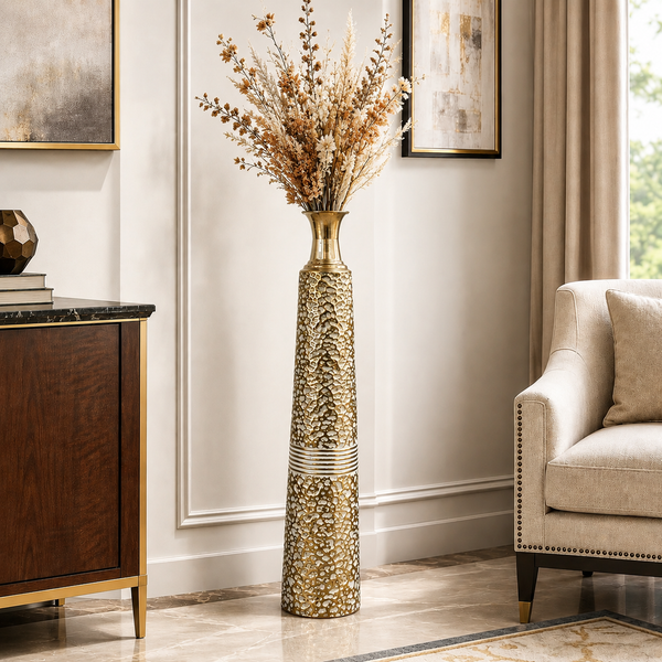Tall gold tapered metal floor vase with decorative dried stems — Sona Casa