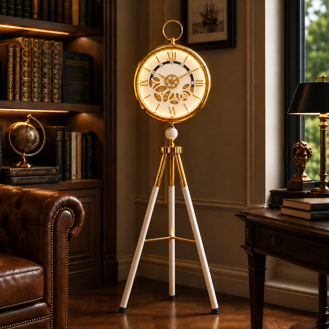 Decorative tripod floor clock in a reading corner — Sona Casa