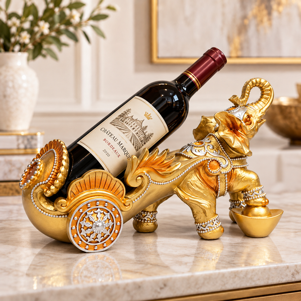 Gold elephant chariot wine bottle holder on a tabletop — Sona Casa