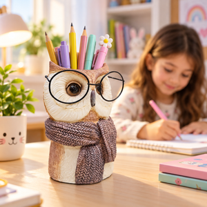 Owl pen holder with glasses and colourful pencils on a study desk — Sona Casa