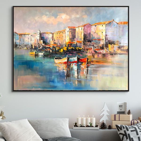 Portofino harbour canvas painting with colourful boats and buildings — Sona Casa