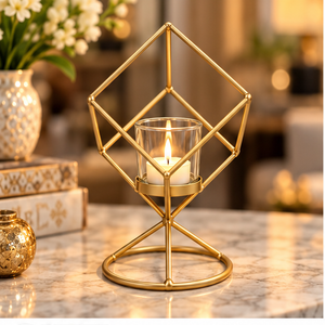 Gold Geometric Metal Candle Holder with Glass Votive Cup