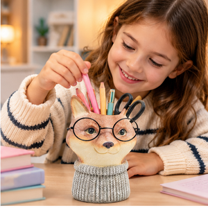 Fox stationery organizer holding pencils and scissors on a study desk