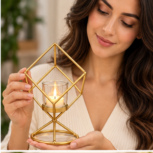 Gold Geometric Metal Candle Holder with Glass Votive Cup