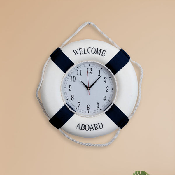 Nautical clock lifebuoy marine ring 45 cm wall clock, nautical decor, white blue, decorative clock