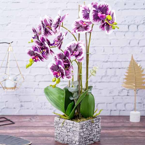 Fake Orchid Plant, With Brick Wall Like Planter, Tabletop Desktop Indoor Faux Plant, Artificial Flowers Decor for Home, Office, Kitchen Counter, Living Room, Coffee Table