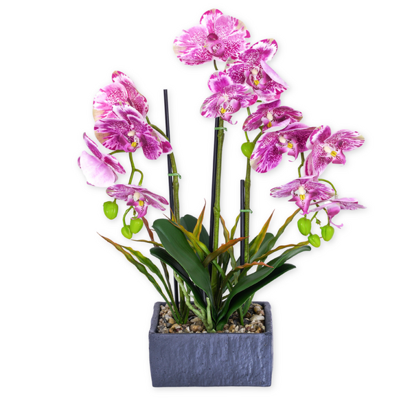 Beautiful Faux Orchid Plant, Velvet Touch, With Cement Like Rustic Planter, Indoor Fake Plant