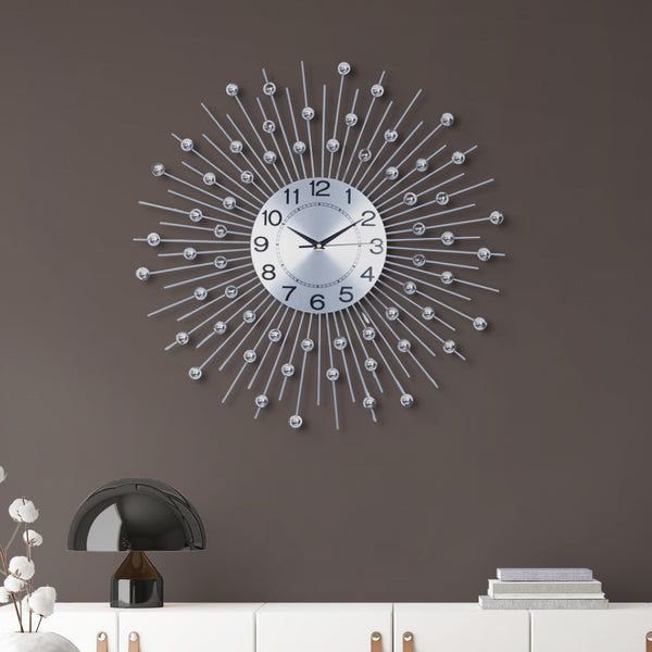 Large Sunrays Metal Wall Clock, 60 cm, Silver by Accent Collection Home Decor