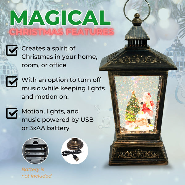 Christmas Snow Globe Lantern with Lights and Music, Santa with Christmas Tree, and Fake Snow - Great for Decoration and as a Gift