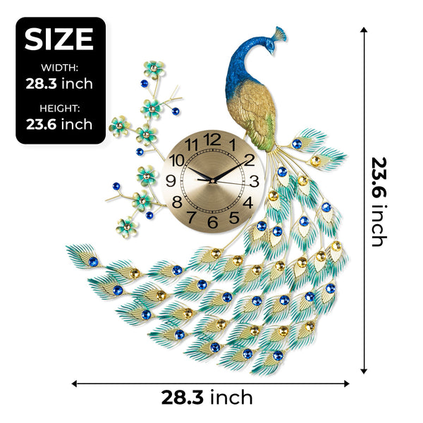 Large Peacock Wall Clock, 75 cm, Golden and Green by Accent Collection Home Decor