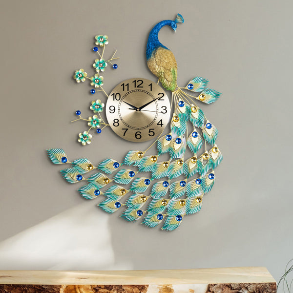 Large Peacock Wall Clock, 75 cm, Golden and Green by Accent Collection Home Decor