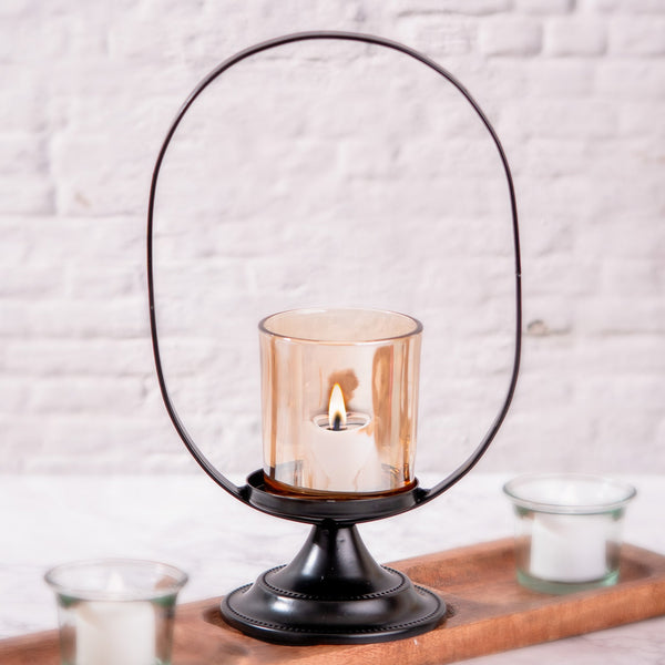 Tealight Candle Holder, Glass and Metal, Black
