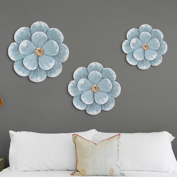 3 Piece Rustic Metal Flowers Wall Decoration Blue