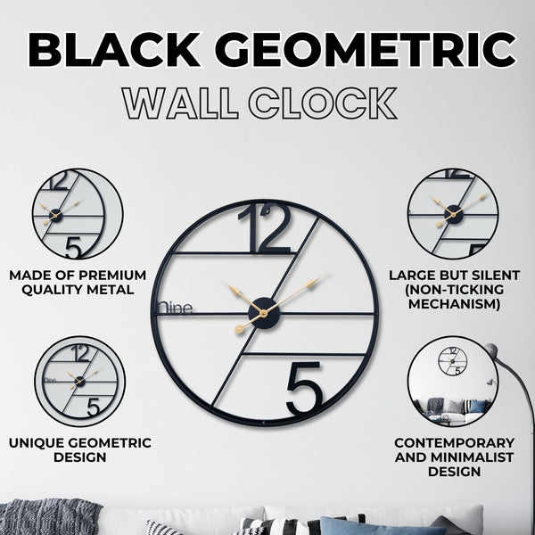 Luxury Black Metal Silent Wall Clock - Geometric Minimalist Decor, 60cm, Non-Ticking for Living Room by Accent Collection