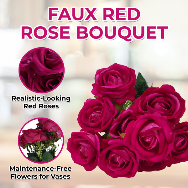 Faux Flowers, High Quality Realistic Red Rose Bouquet, 9 pcs, Fake Rose Bunch, 38 cm by Accent Collection Home Decor