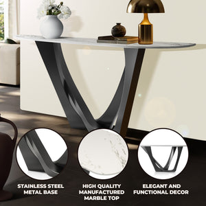Modern 51" Console Table, High Quality White Marble Top, Stainless Steel Metal Matte Black by Sona Casa