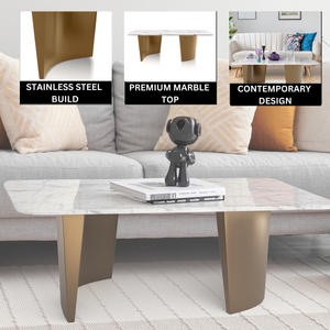 Modern 47" Rectangular Coffee Table, White Marble Surface, Metal Gold Frame, Home Decor by Sona Casa